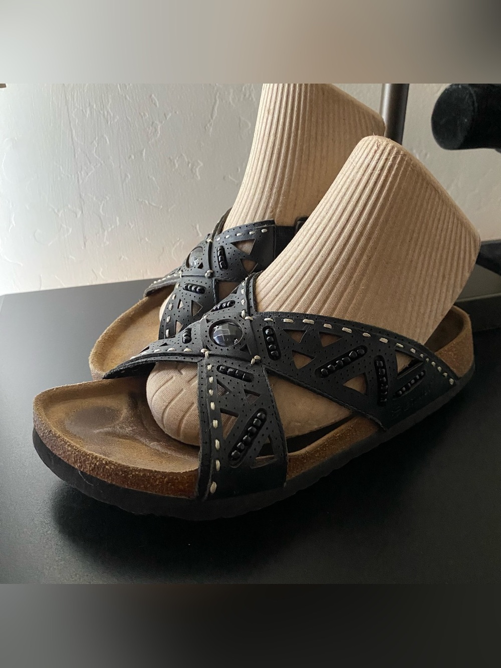 Birkenstock Betula Black Leather Beaded Sandals Women’s 6 Cross Strap Slide Boho